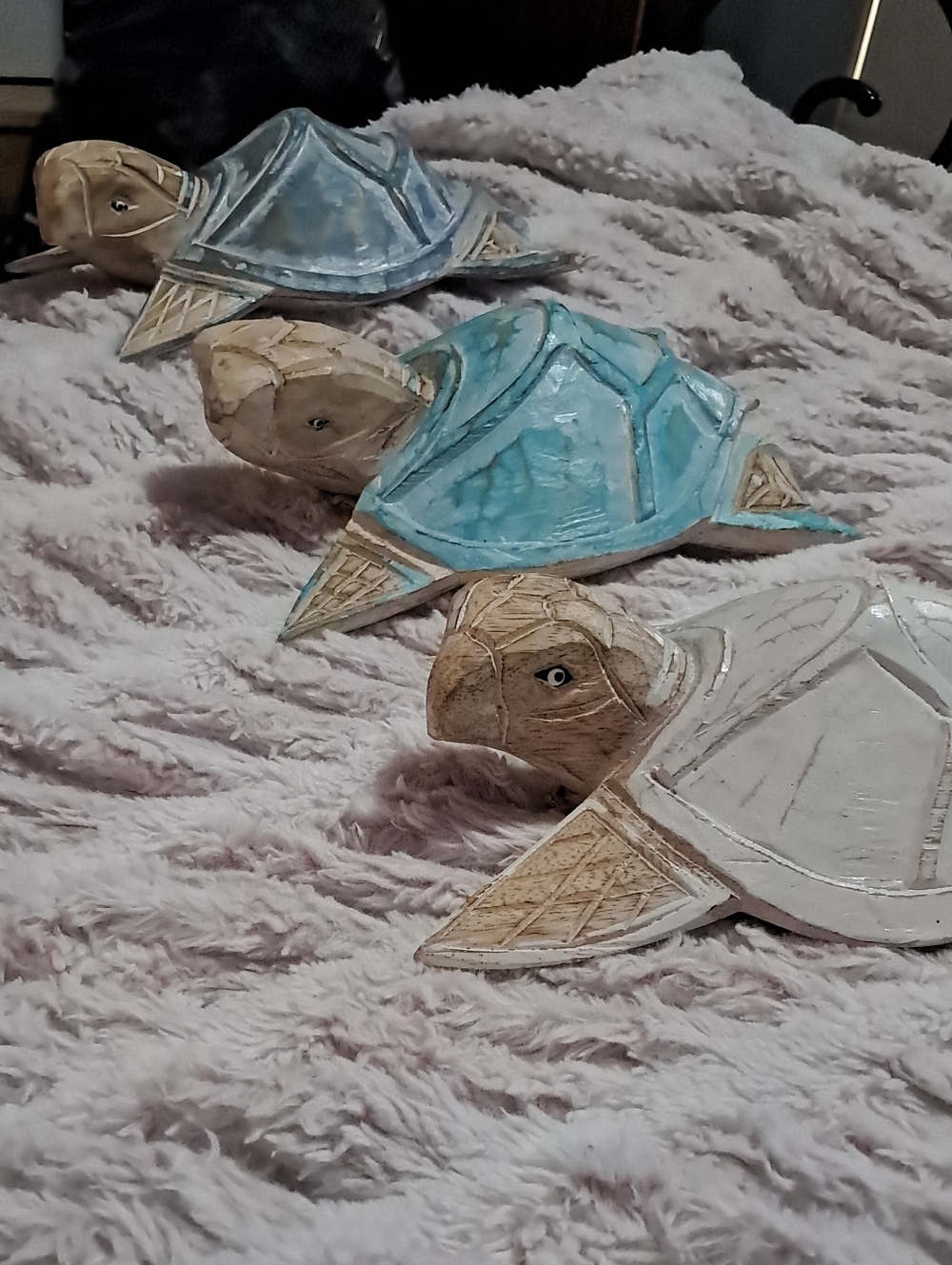 Hand-Carved Wooden Turtle Trio - White, Blue, Teal Accent Shells